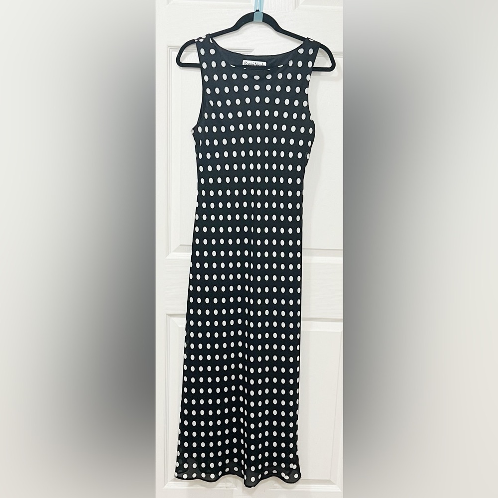 Vintage Ronni Nicole by Ouida Black polka dot Maxi Sleeveless Dress
